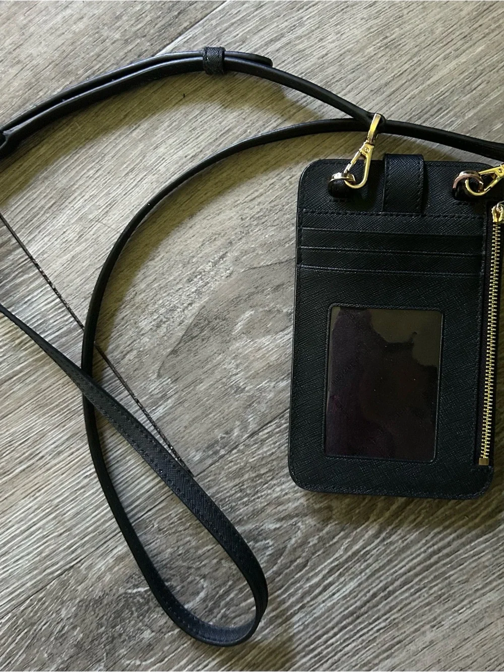 Michael Kors Black Leather Crossbody Phone Pouch with Gold Accents